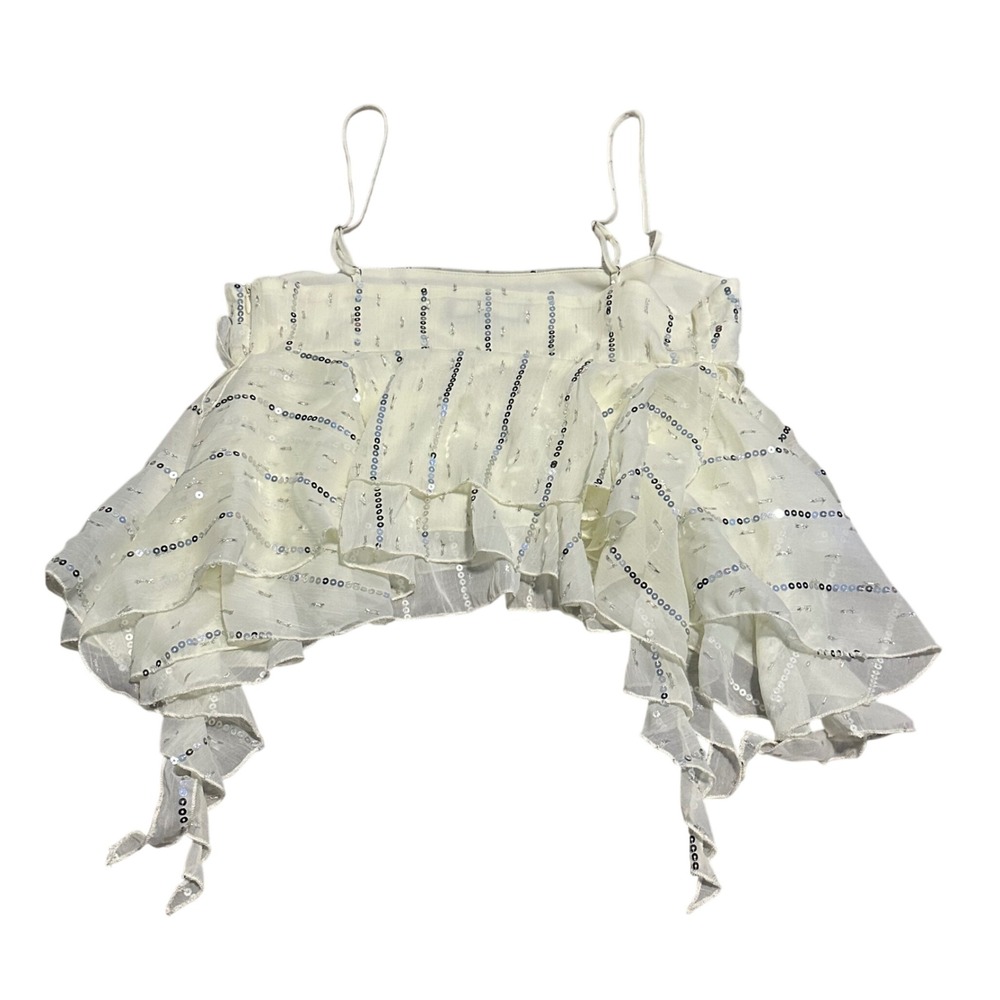 Zara Womens Cream Sequin Stripe Ruffle Tiered Camisole Top Metallic Ivory Medium